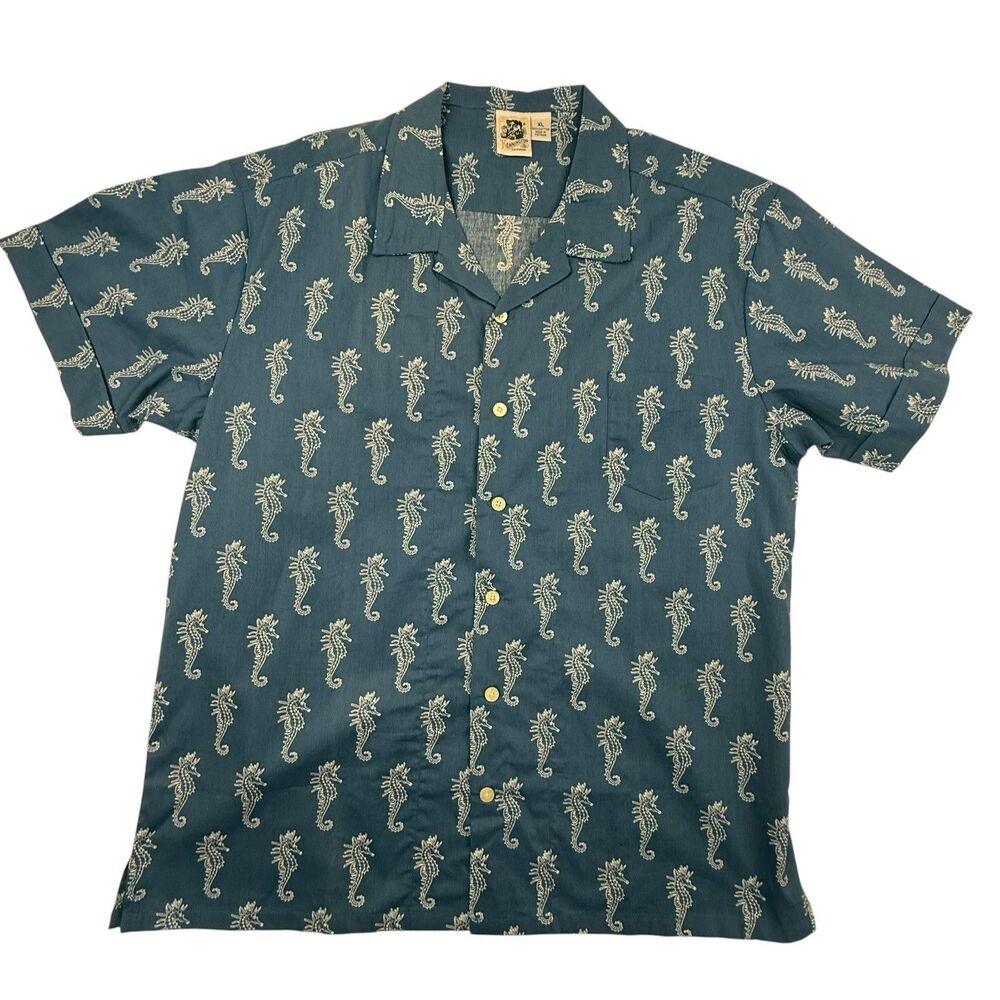 Kennington Seahorse Shirt Men XL Blue Hawaiian Camp Vacation Y2K Short Sleeve